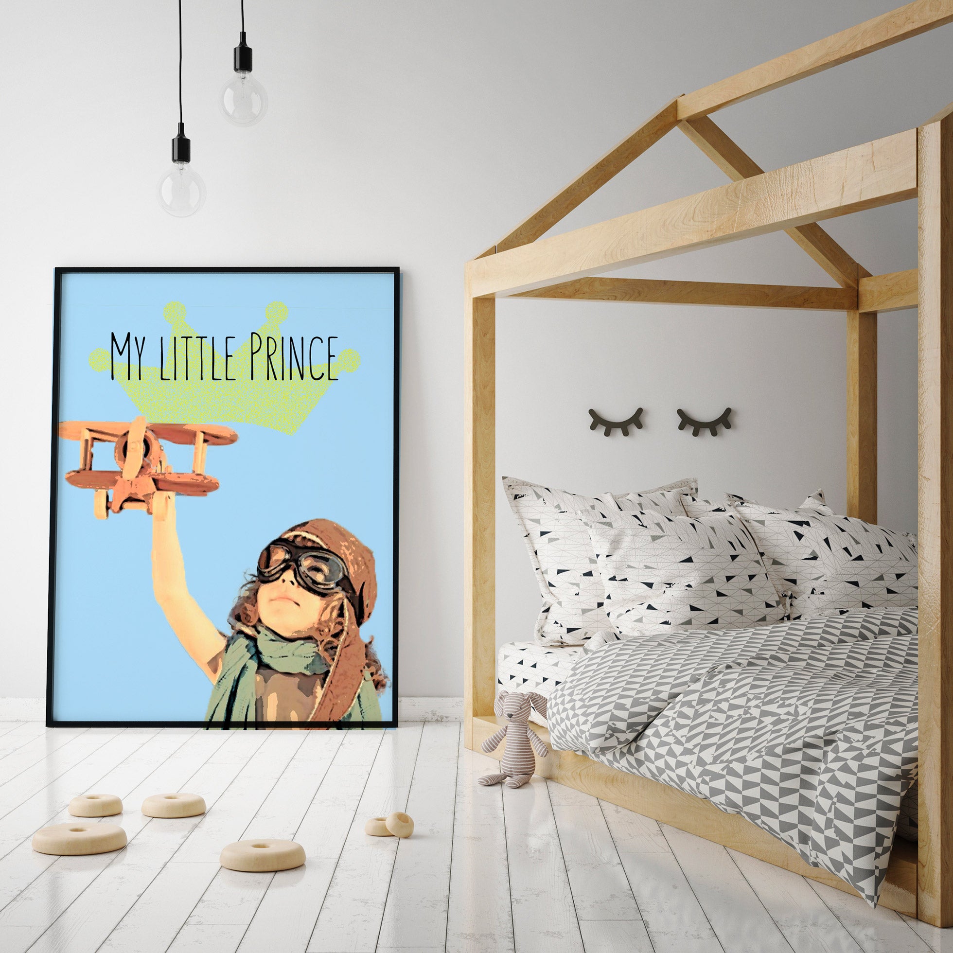 Pink Poster personalized poster of a boy playing with a plane in a Scandinavian style kid bedroom